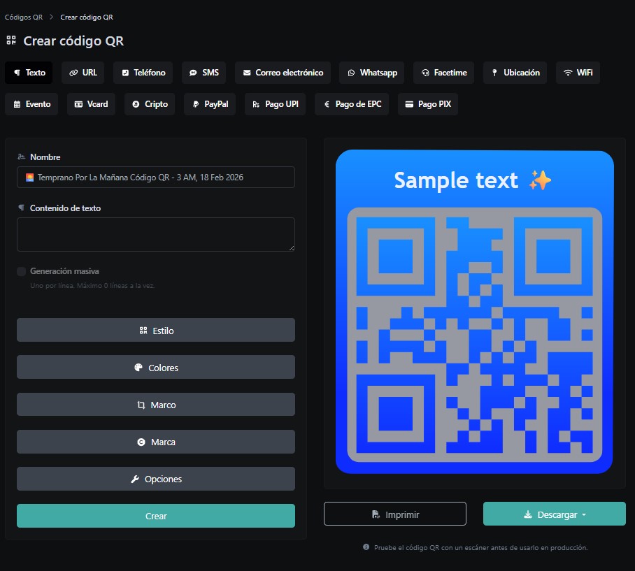 Captura de pantalla de la página del sistema de códigos QR de la aplicación
